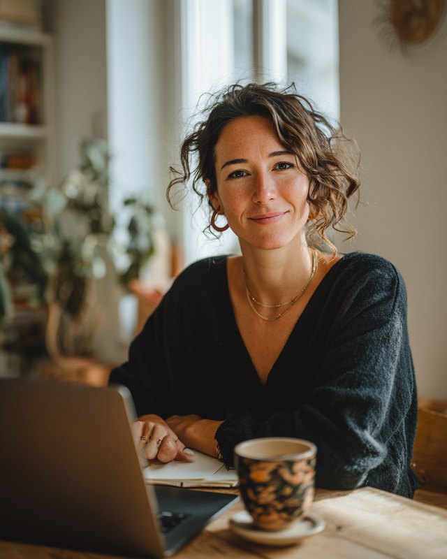 Una freelance al lavoro, con caffè e laptop